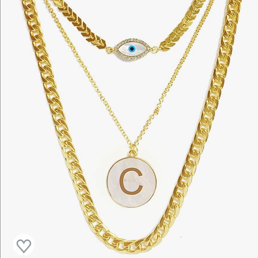 Gold Layered Evil Eye Letter Pendant Necklaces for Women, Letter "C"